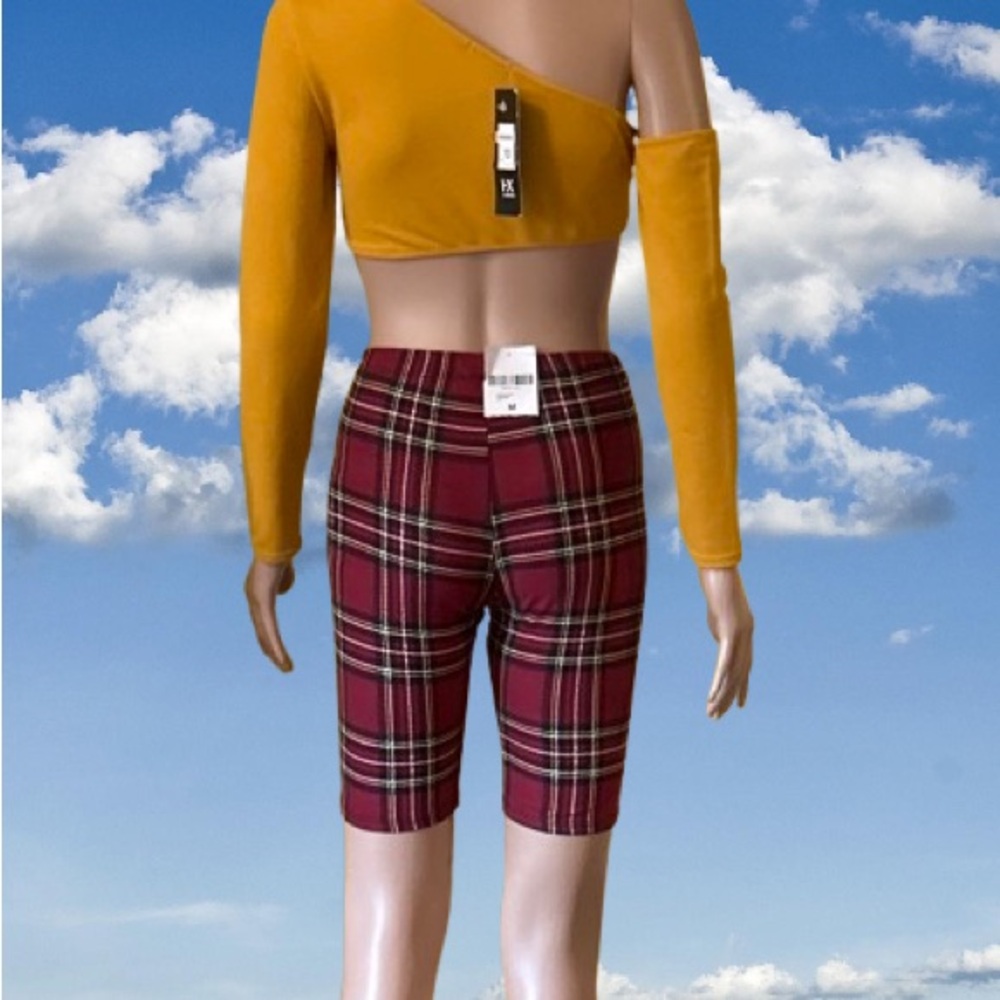 Vibrant Yellow Crop Top and Red Plaid Shorts Ensemble